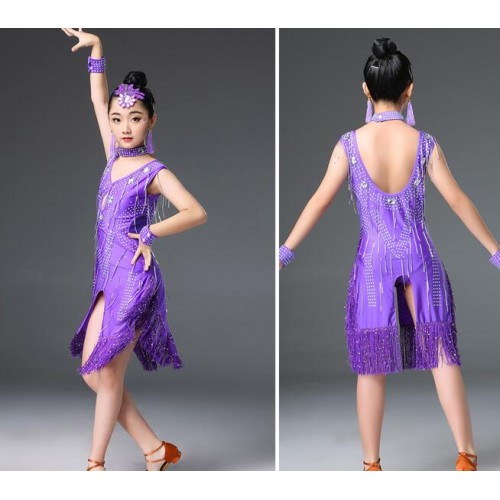 Girls competition latin dance dresses rhinestones fringes stage performance rumba chacha dance skirts costumes dress